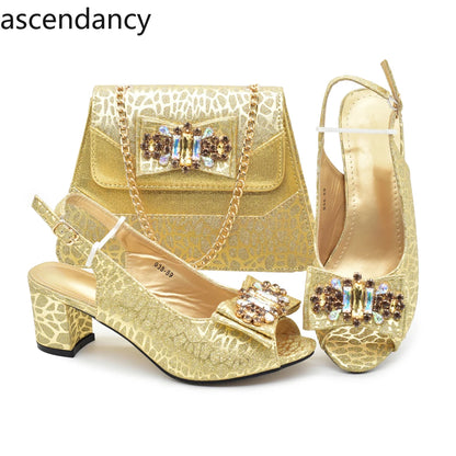 Classics Style New Arrivals Italian Women Shoes Matching Bag Set in Gold Color Comfortable Heels Pumps for Wedding Women Heels