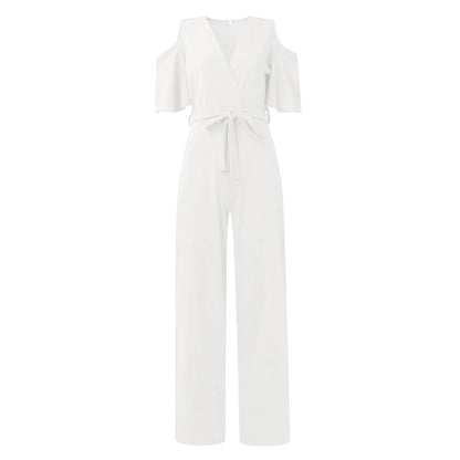 Jumpsuit Summer Pure Color Women Sexy Deep V Neck Short Sleeve Rompers Fashion Slim Fit Lace Up Elegant Female Wide Leg Jumpsuit