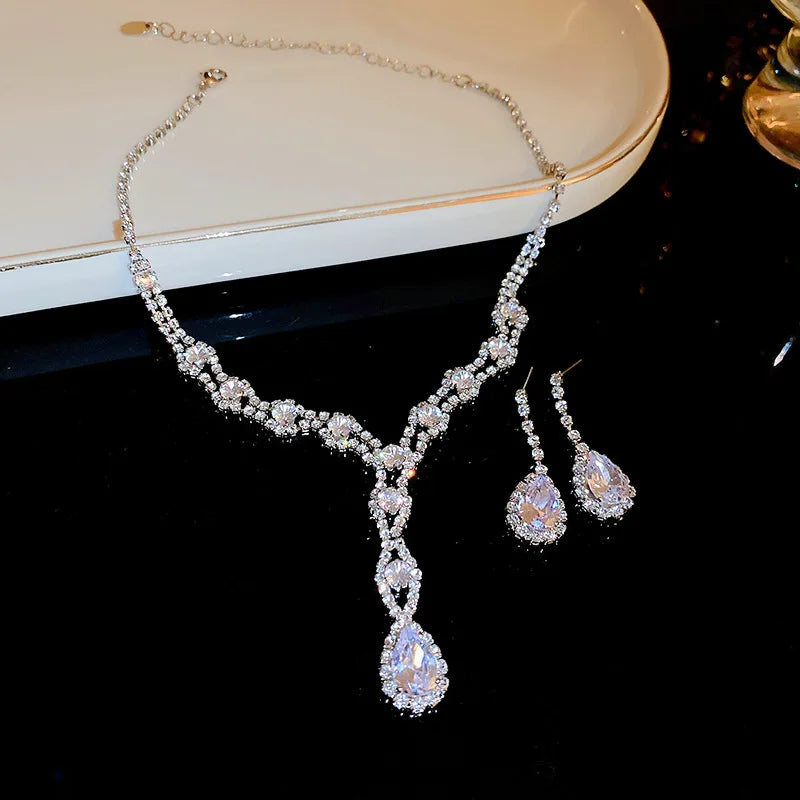 Water Droplets U-shaped Necklace Drop Earrings Two Piece Set Fashion Necklaces Inlaid Rhinestone Jewelry Sets Wedding Gift