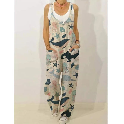 Women's Sleeveless Jumpsuit 2022 Summer Boho Floral Wide Leg Long Pants Rompers Ladies Strap Plus Size Casual Loose Bib Trousers
