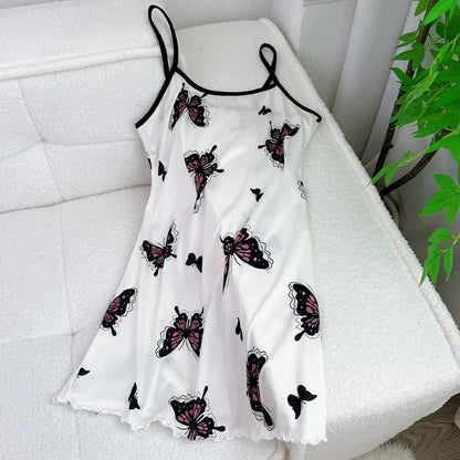 FINETOO Summer Teddy Bear Sleepwear Women Seamless Hearts Butterfly Floral Printed Sleeveless Ruffled Loungewear Cute Nightdress