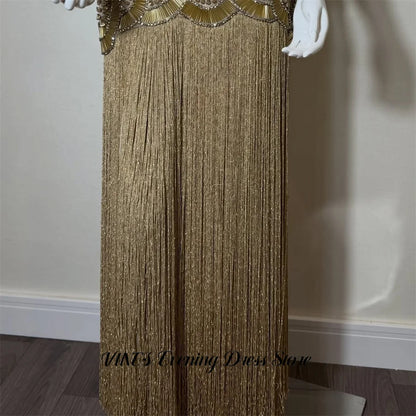 VINES Golden Party Dress Tank Evening Dresses Beading On Chest Party Gown Straight Tassel Prom Gown for Women Simple Customized