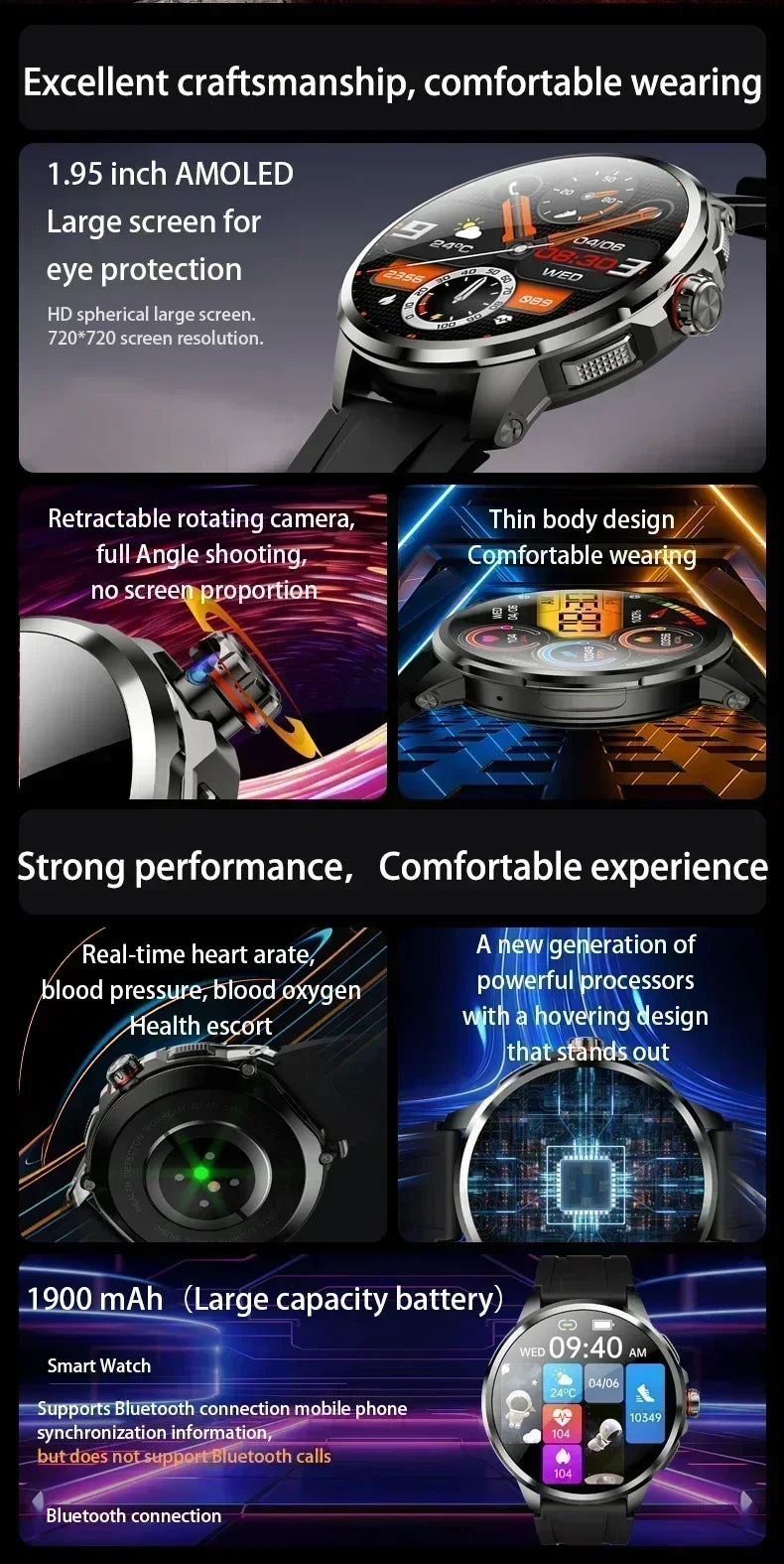 H99 Smart Watch Android Watches Amoled Smartwatch With 190° Rotary Camera Google Play Store 1.95 inch Amoled Screen