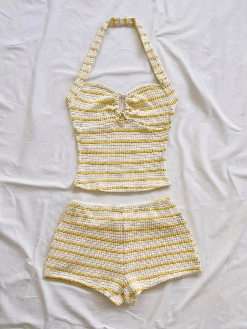 Summer Textured Knit Halter Top And Shorts Set Women Striped Sleeveless Backless Holiday Beach Two Piece Outfit