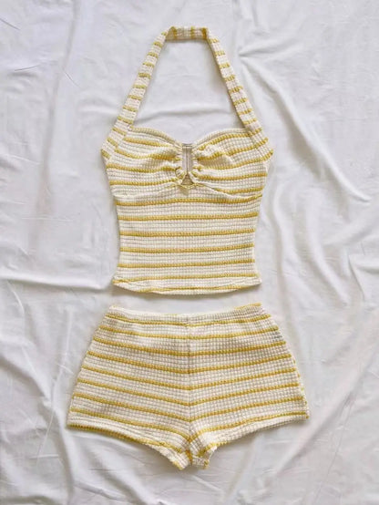 Summer Textured Knit Halter Top And Shorts Set Women Striped Sleeveless Backless Holiday Beach Two Piece Outfit