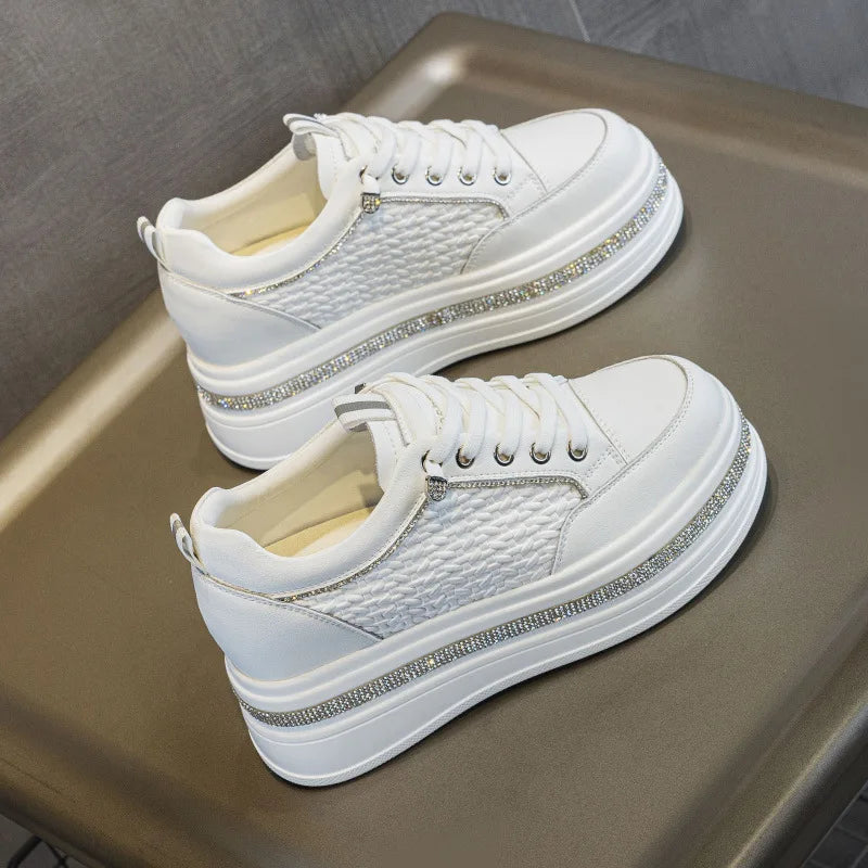 Women's height-increasing shoes for petite individuals, elegant and versatile, woven with rhinestones, casual shoes