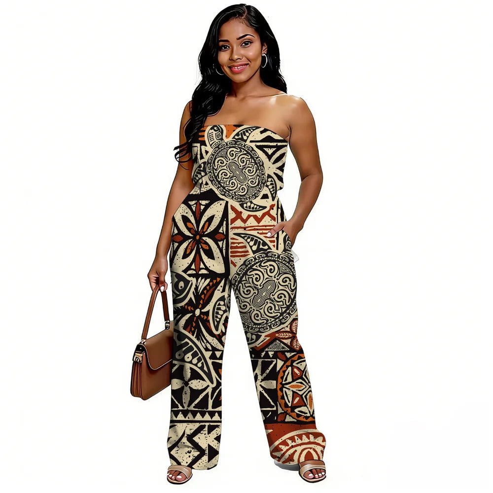 Newly designed Polynesian-style casual loose-shoulder women's one-piece pants with ethnic style - Samoan wide-leg pants