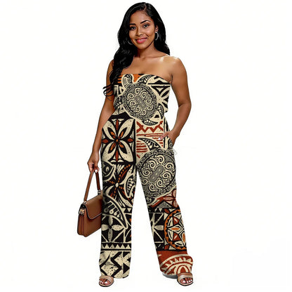 Newly designed Polynesian-style casual loose-shoulder women's one-piece pants with ethnic style - Samoan wide-leg pants
