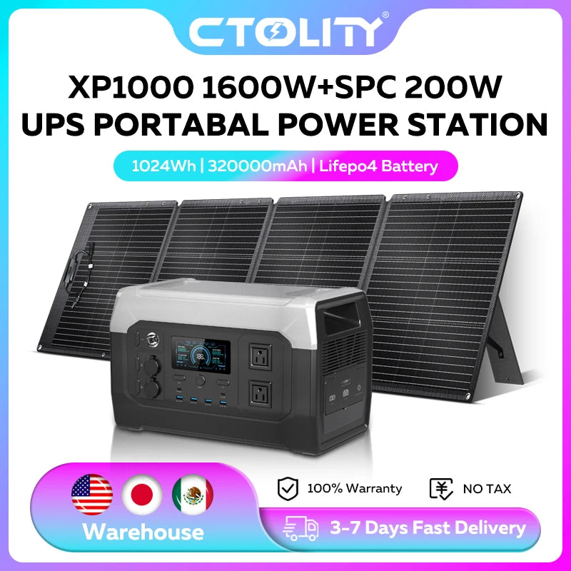CTOLITY 1800W Camping Portable Power Station Outdoor 1024Wh Lifepo4 AC Outdoor Solar Generator 200W 20.5V Flexible Solar Panel