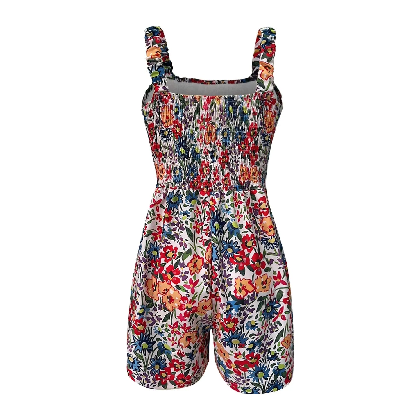 Ladies' Summer Casual Smocked Rompers Chic Square Neck Sleeveless Loose Shorts Jumpsuits Thin Bohe Style Beach Vacation Outfits