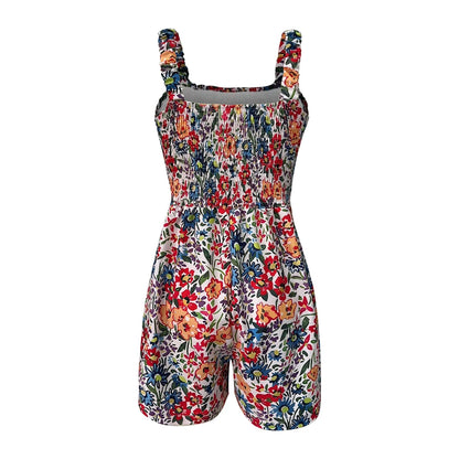 Ladies' Summer Casual Smocked Rompers Chic Square Neck Sleeveless Loose Shorts Jumpsuits Thin Bohe Style Beach Vacation Outfits