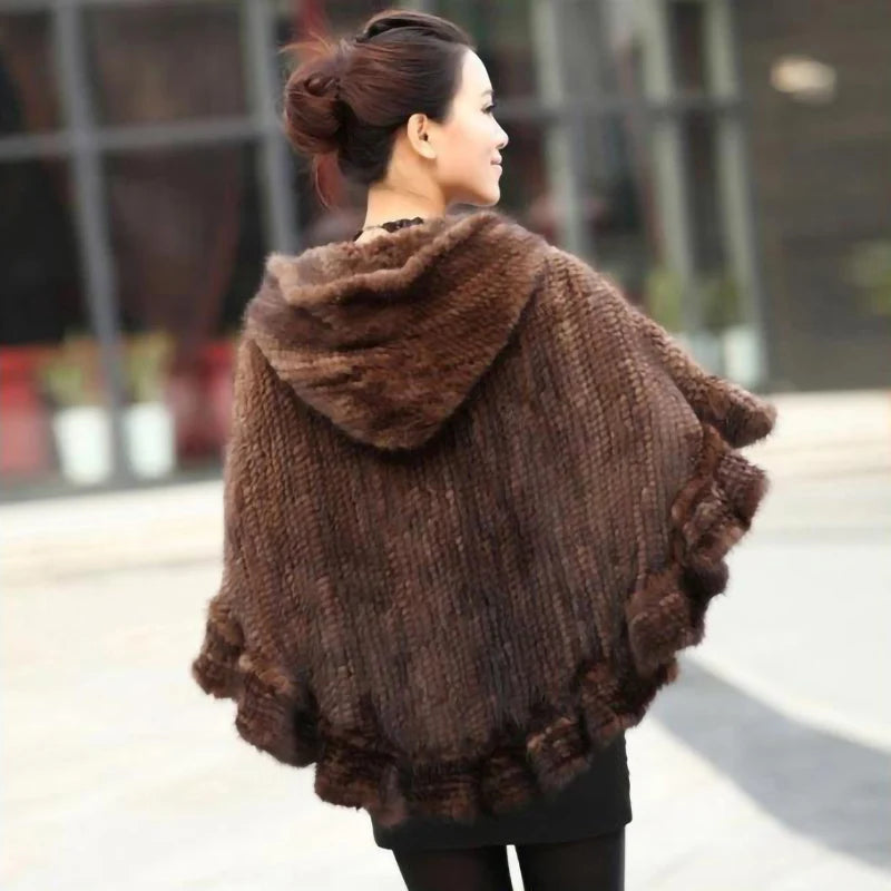 Fashion Women Fur Shawl Winter Knitted Real Mink Fur Stole With Fur Hood Knitted Mink Poncho Pashmina