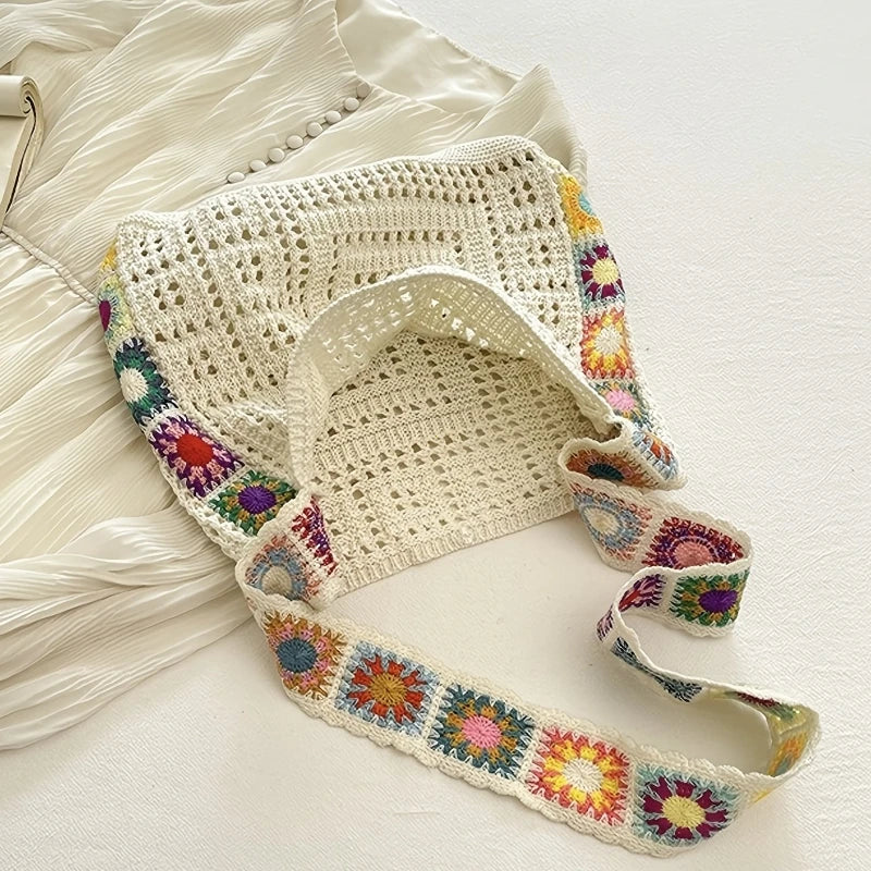 Women's Boho Crochet Bag Designer Flowers Knitted Handbags Large Capacity Summer Beach Woven Shoulder Bag Girls Tote Shopper Bag