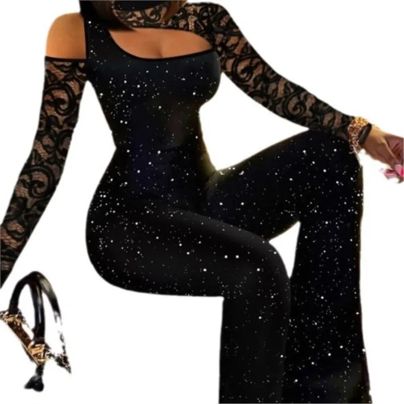 Women's Fashion Sexy Jumpsuits Spring Summer Black Lace Glitter Silver Slim Fit Off-shoulder High Collar Jumpsuit Wide Leg Pants