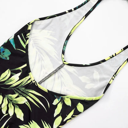 Summer Beach Style Leaves Print Jumpsuit Women Halter Lace-Up Backless Slim Stretchy Wide Legs Holiday Rompers Sleeveless 64025