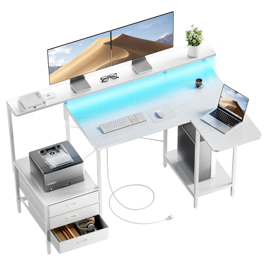 Ergonomic Computer Desk with Monitor Stand, RGB LED Gaming Desk, Featuring a Built-in Charging Station, Power Outlets, and USB Ports, Complete with Storage Drawers and a Fold-Out Side Table; Ideal for Home Offices and Gaming