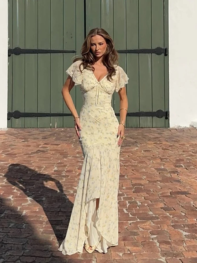 Fashion V-neck Floral Women Maxi Dress Flutter Sleeve Lace Trim High Waist Chiffon Vestidos Summer Female Daily Vacation Dresses