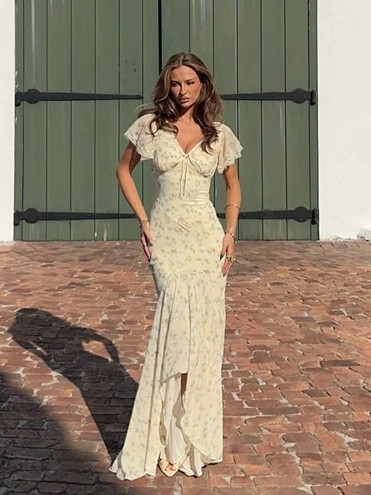 Fashion V-neck Floral Women Maxi Dress Flutter Sleeve Lace Trim High Waist Chiffon Vestidos Summer Female Daily Vacation Dresses