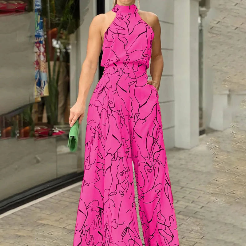 Summer European and American women's wear with elegant waist-cinching sash-tie sleeveless off-shoulder long pants printed jumps