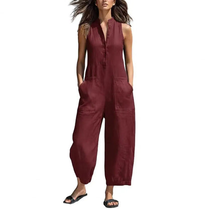 Cotton And Linen Jumpsuit Women Stand Collar Sleeveless Pocket High Waist Wide Legs Jumpsuits Casual Commuting Ladies Bodysuits