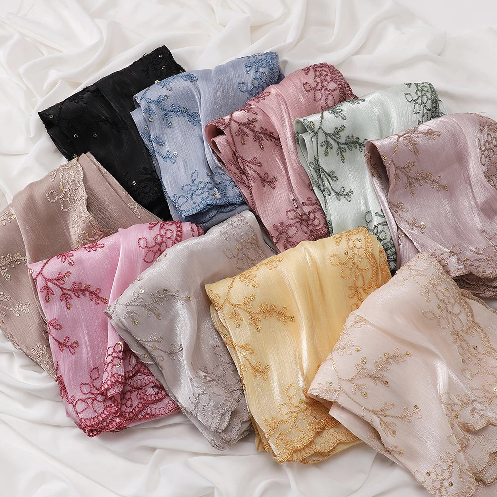 Luxury Sequin Floral Hijab Shimmer Shawl Glitter Shiny Headscarf Elegant Muslim Head Scarf for Wedding Soft Flowy Lace Edge