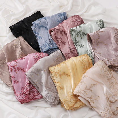 Luxury Sequin Floral Hijab Shimmer Shawl Glitter Shiny Headscarf Elegant Muslim Head Scarf for Wedding Soft Flowy Lace Edge