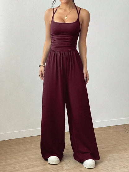 Women Halter Spaghetti Strap Jumpsuits Summer Casual Elastic High Waist Backless Wide Leg Long Pants Romper Club Party Overalls