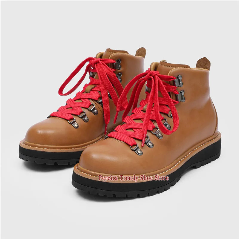Brown Suede Platform Motorcycle Boots for Men Retro Thick Soled Round Toe Lace-Up Ankle Boots Autumn Winter New Men's Shoes