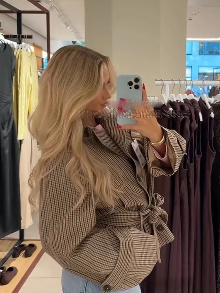 Long Sleeve Plaid Cropped Trench Coat Women Lapel Double Breasted Belted Waist Loose Checkered Short Jacket Lady Autumn Coats