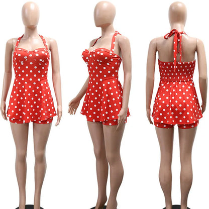 Doyerl Polka Dot Playsuit for Woman Rompers Birthday Outfits Halter Strapless Backless Club Party One Piece Jumpsuit Shorts