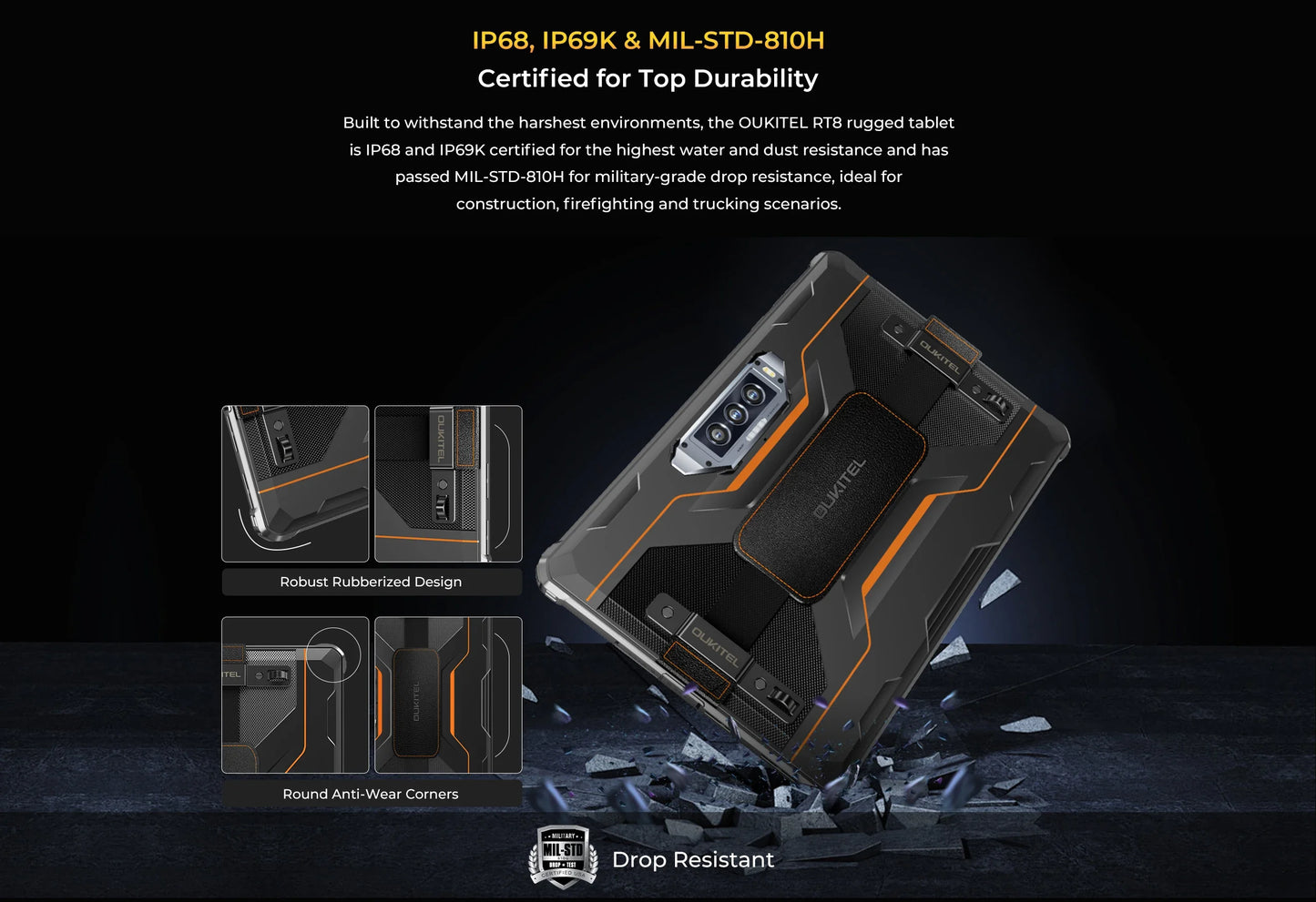 Oukitel RT8 Rugged Tablet 20000mAh 33W, 11" FHD+ Display 6GB+256GB Helio G99 48MP Camera, NFC Tablets PC with Stand, Android 15