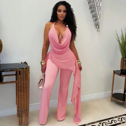 Summer Sexy Backless Halter Chiffon Jumpsuits Women Club Party Rompers Bodycon Fashion Sleeveless V Neck Overalls Beach Vacation