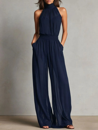 Womens Jumpsuits Summer Elegant Chiffon Sleeveless High Neck Backless Wide Leg Pants Jumpsuit Playsuit