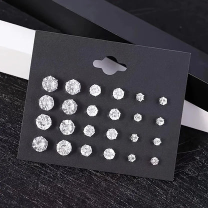 New 12 Pair Pack White Shiny Wedding Stud Earrings Set For Women Men Crystal Rhinestone Earrings Party Jewelry Accessories Gifts