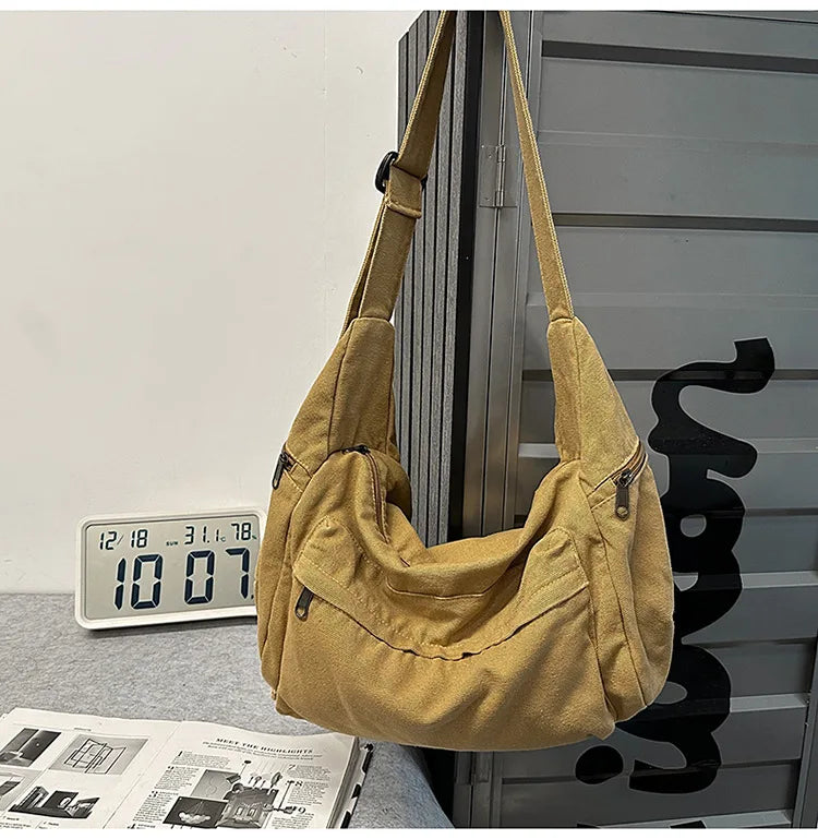 100% Cotton Shoulder Bags Women Large Capacity Canvas Tooling Packages Korea Style Cloth Crossbody Bags Solid Messenger Bags