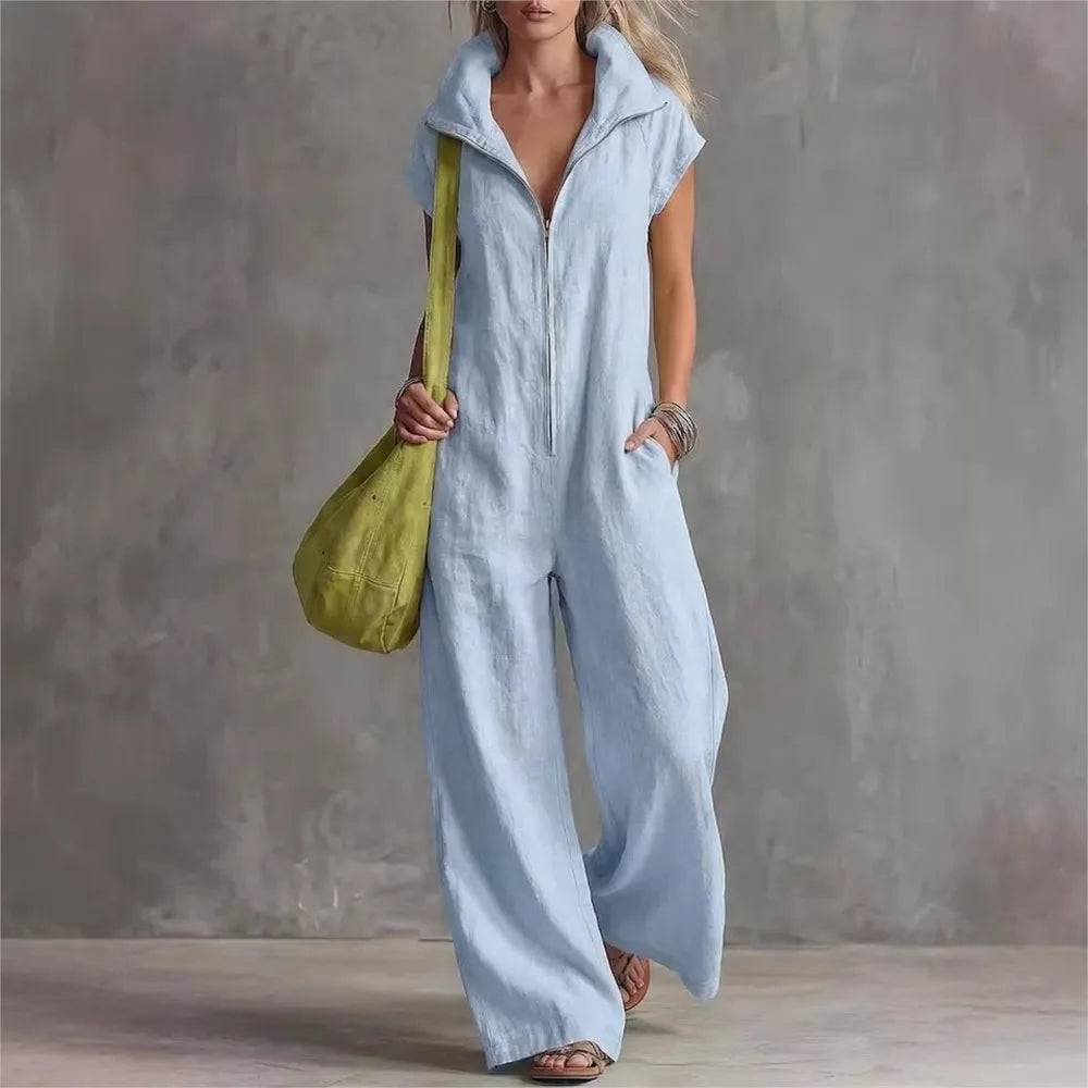 Summer New Fashion Zipper Lapel Short-sleeved Loose Women's Jumpsuit 2026 Loose Simple Pocket Casual Vacation Female Jumpsuit
