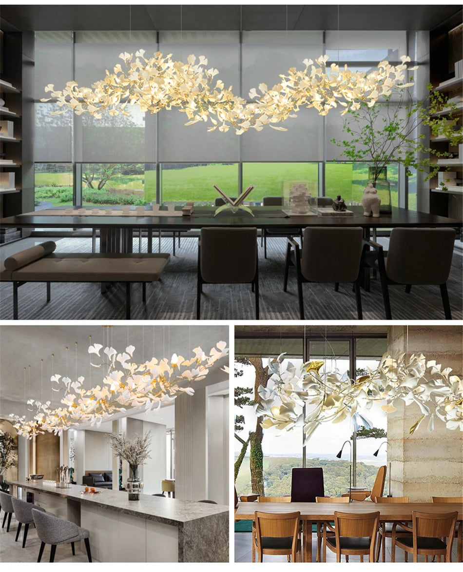 Ginkgo Leaves Loft Hanging Chandelier Light For High Ceiling Staircase Living Dining Room Modern White Porcelain Leaf Chandelier