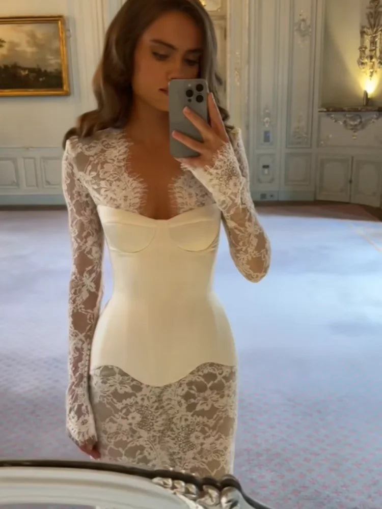 Elegant White Lace Corset Dress For Women Chic Bustier Top Long Sleeve Sheer Lace Maxi Gown 2026 New Lady Date Party Vestidos