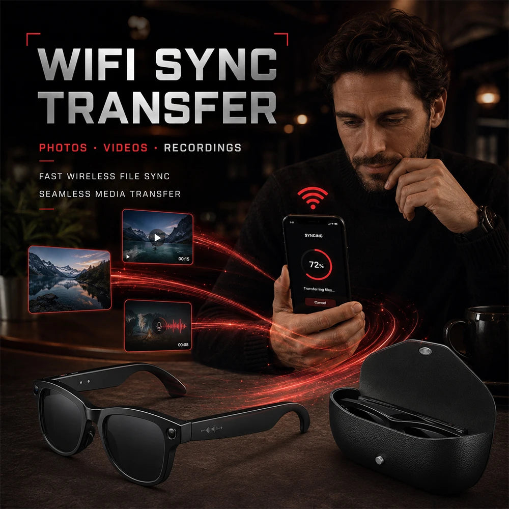 Smart Glasses with Camera 8MP HD Photo Video Recording EIS Anti Shake 1400mAh Charging Case WiFi Sync Transfer for Men Women