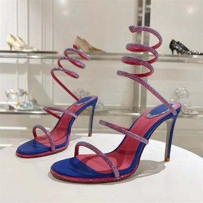 Summer Crystal Gladiator Sandals Women Rhinestone Twine Around Ankle Snake Wedding Shoes High Heels Sandals Woman