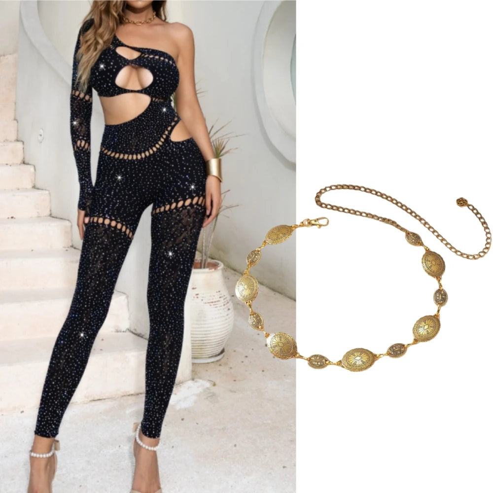 HLJ&GG Sexy Sparkling Rhinestone Hollow Bodycon One Piece Jumpsuits Women One Shoulder Long Sleeve Slim Playsuit With Chain 2025