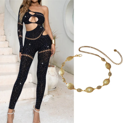 HLJ&GG Sexy Sparkling Rhinestone Hollow Bodycon One Piece Jumpsuits Women One Shoulder Long Sleeve Slim Playsuit With Chain 2025