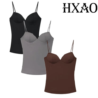 HXAO Woman Tops Corset Crop Top Women Sleeveless Black Brown Top With Straps Camisole Bodycon Backless Sexy Tops Bustier