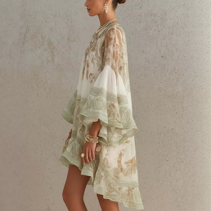 2026 New European and American Style Printed Lotus Leaf Hem Dress for Women, Vacation-Inspired, Loose Fit, Flowing, Stylish Shor