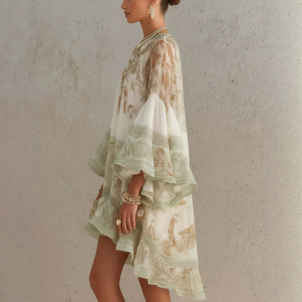 2026 New European and American Style Printed Lotus Leaf Hem Dress for Women, Vacation-Inspired, Loose Fit, Flowing, Stylish Shor