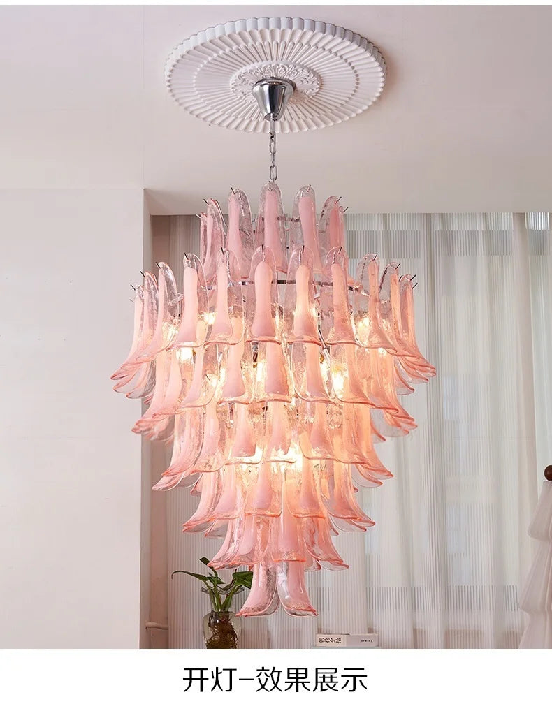 French Murano Petal Glass Chandelier Dining Table Living Room Antique Style Pink Petal Glass Pendant Chandelier Lights Bedroom