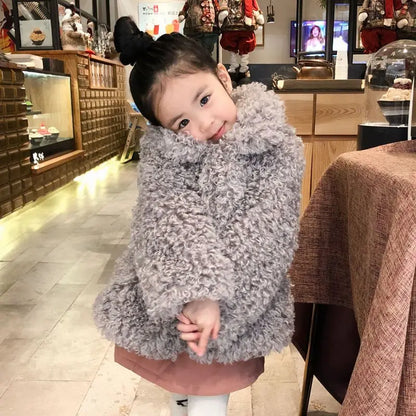 Autumn Winter Girls Warm Coat 2025 New Korean Fashion Faux Fur Thicken Solid Color Turn-down Collar Plush Jacket