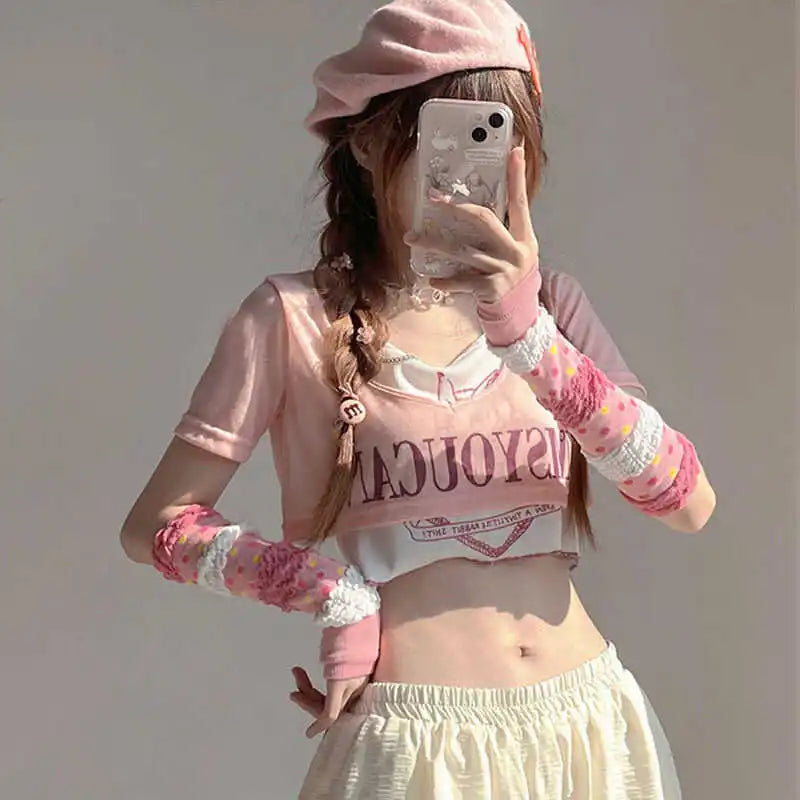 Pink Lolita Lace Bowknot Gloves Fingerless Gothic Winter Warm Sunscreen Sleeve False Sleeve Gloves Women JK Clothing Accessories