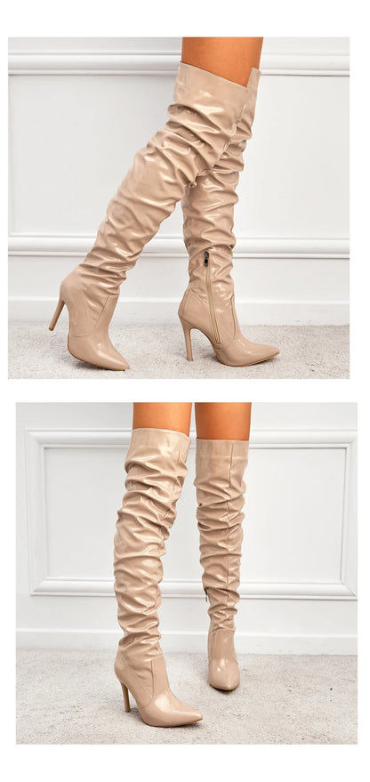 Eilyken Red Women Over The Knee Boots High Heels Patent Leather Solid Pointed Toe Stiletto Side Zipper Sapatos Femininos