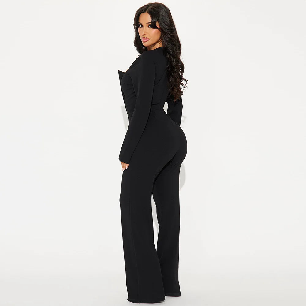 CM.YAYA Elegant Button Long Sleeve Irregular Girl Jumpsuits 2025 Spring Women's Overalls Outfits Night Club Streetwear One Piece